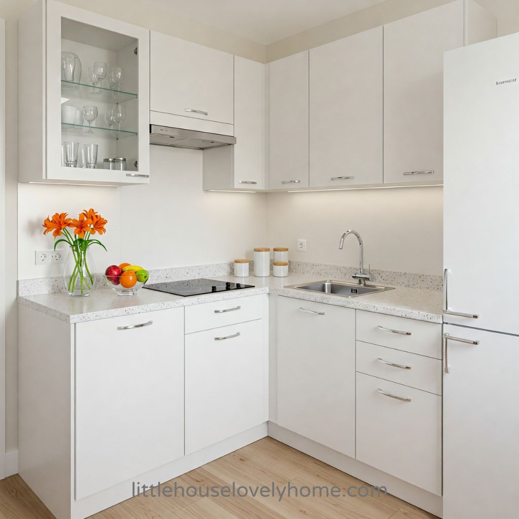 A compact area with white cabinets, white refrigerator and stove top decorated with a glass vase with orang flowers.