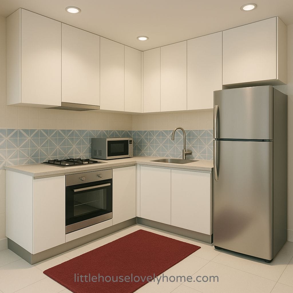 beige colored room complete with refrigerator and stove top oven with red rug on the floor