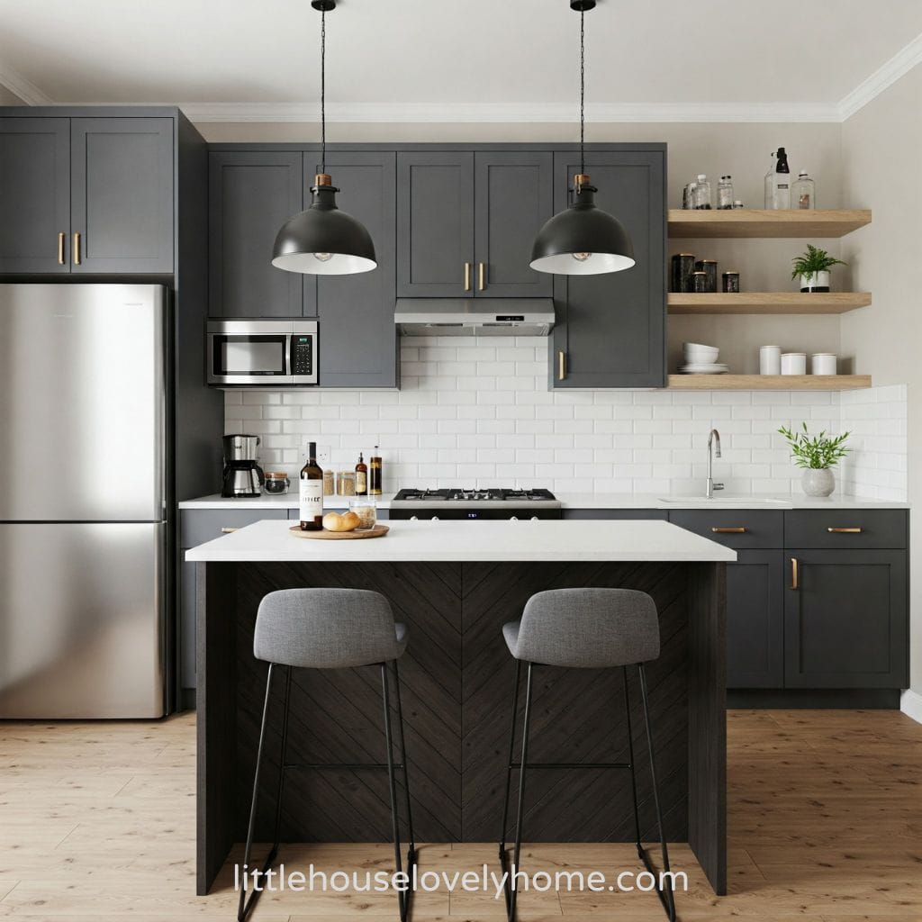 Modern Charcoal Elegance with Open Shelving