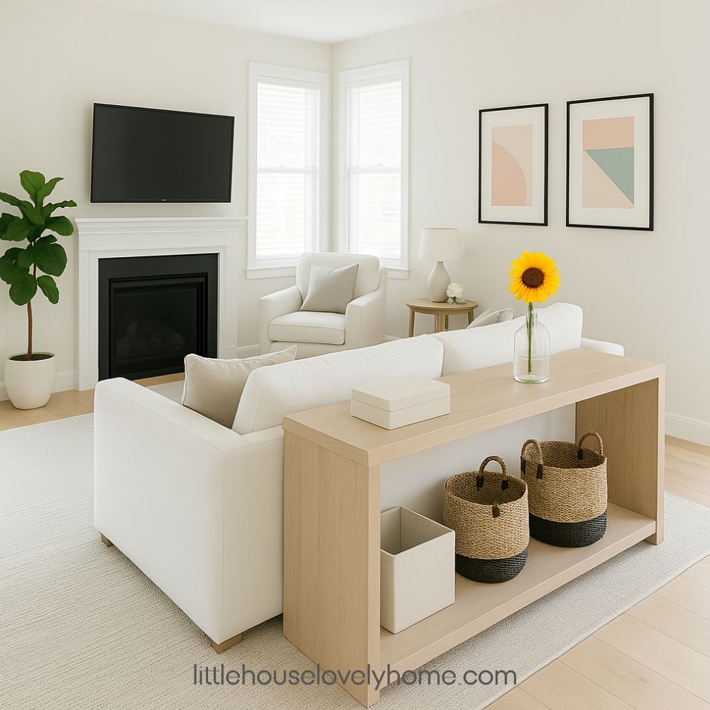 A bright area with white sofa with a console at the back