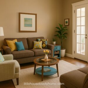 Cozy area with a sofa and 2 armchairs with a round coffee table