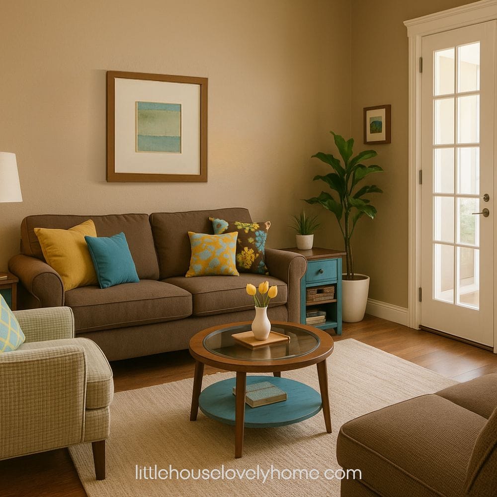 Cozy area with a sofa and 2 armchairs with a round coffee table