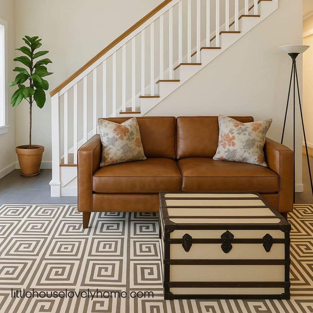 A room with staircase at the back of a brown sofa