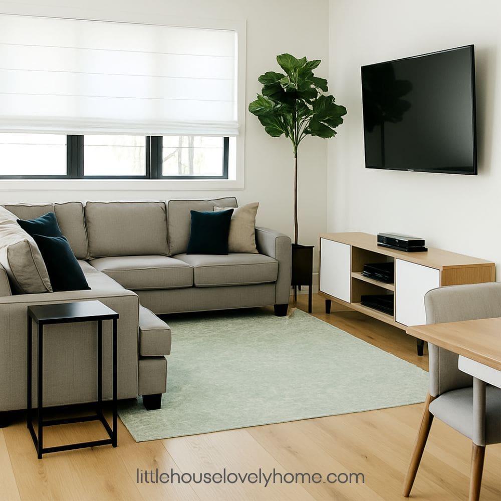 cozy Room with light grey sofa and television hanging on the wall