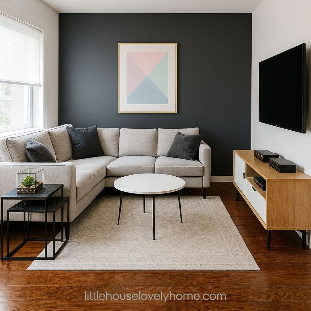 A bright room with L-shaped sofa and a hanging TV on the wall