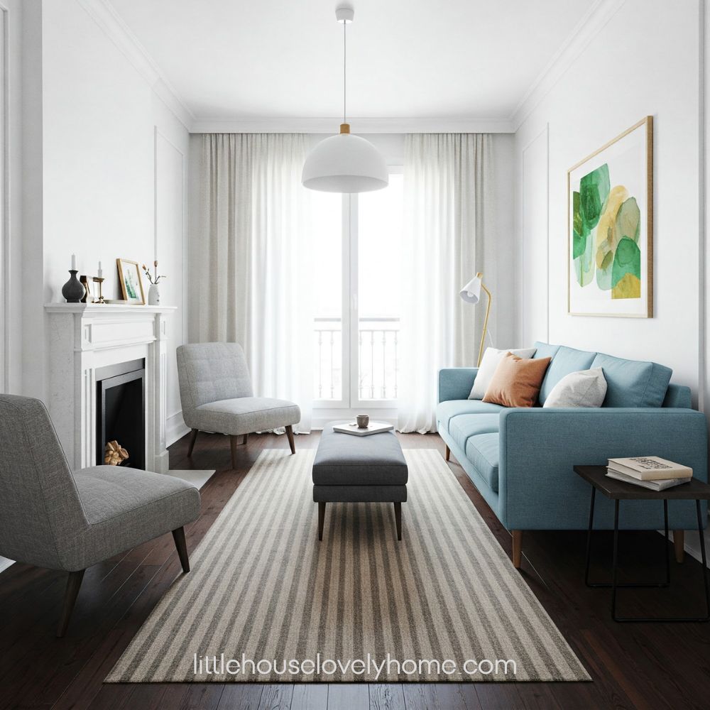 Elegant area with a light blu sofa and fireplace