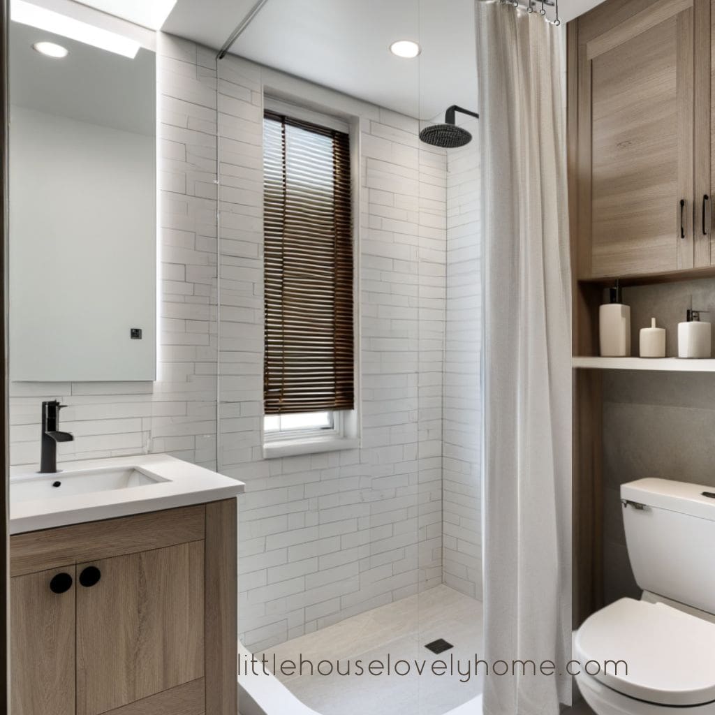Bright and Airy Small Bathroom with Natural Wood Accents
